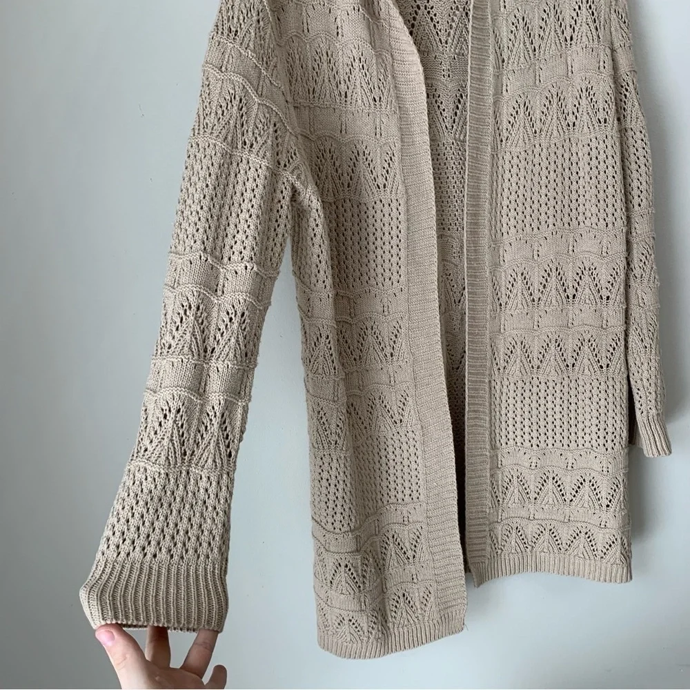 POL Crochet Knit Hooded Open Front Long Cardigan Tan Size M
